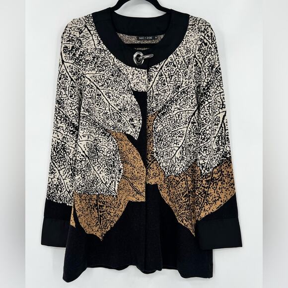 Nic + Zoe Santana Cardigan Sweater Jacket Leafs Metal Clasp Printed Size Medium - Picture 1 of 11
